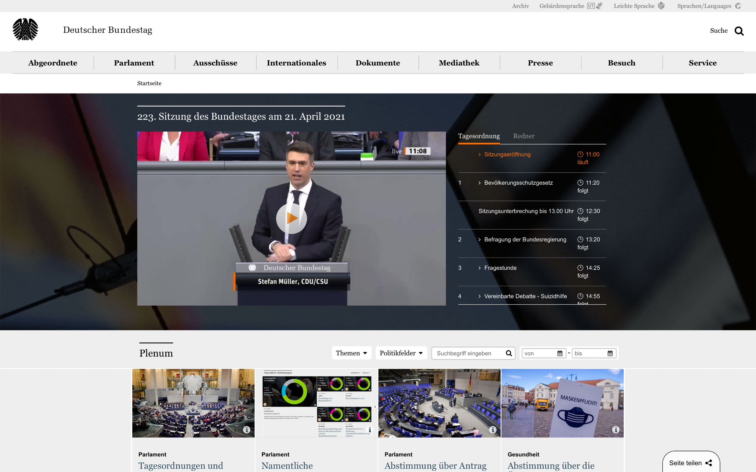 Ein Screenshot der Startseite www.bundestag.de